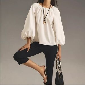 Anthropologie Mare Mare White Puff Sleeve Crew-Neck Blouse